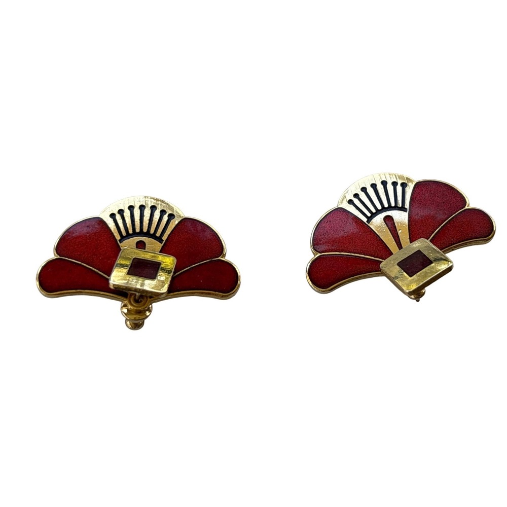 Laurel Burch Fan Earrings Womens OS Red Gold Vintage Cloisonne Enamel Art Deco